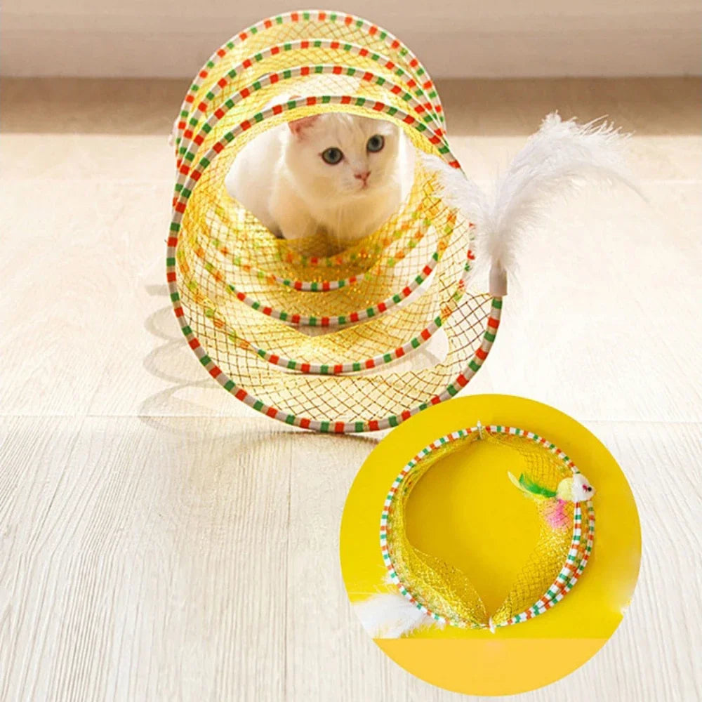 Foldable Cat Coil Tunnel S-Shape Colorful Coil Spiral Toy Cat Tunnel Teaser Bite Resistant Self Relief Mouse Feather Toy